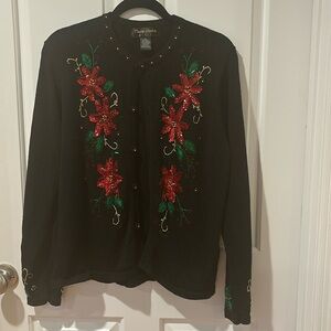 Vintage Theme Works by KIKIT Christmas Sweater Embellished Poinsettias Size XL